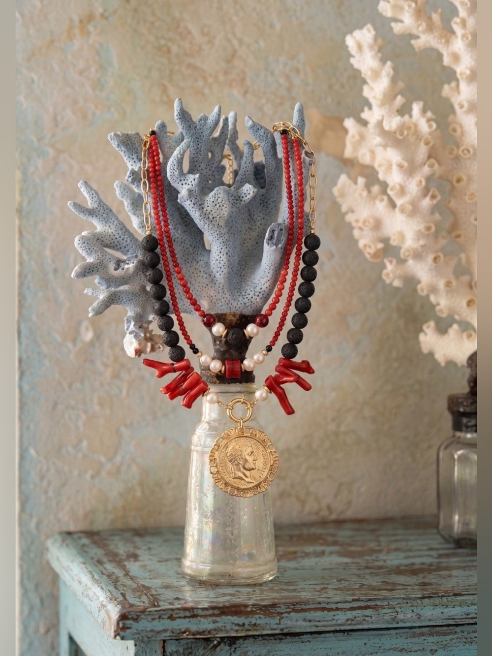 “Black lava, Red corals, Fresh water pearls “Necklace 3-Set